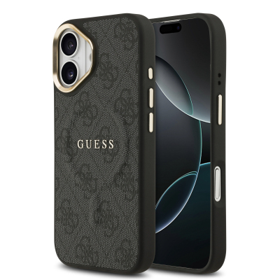 Apple iPhone 17 Kılıf Guess Orjinal Lisanslı M-safe Şarj Özellikli Gold Metal Kamera Çerçeveli PU Deri 4G Desenli Yazı Logolu Kapak Siyah
