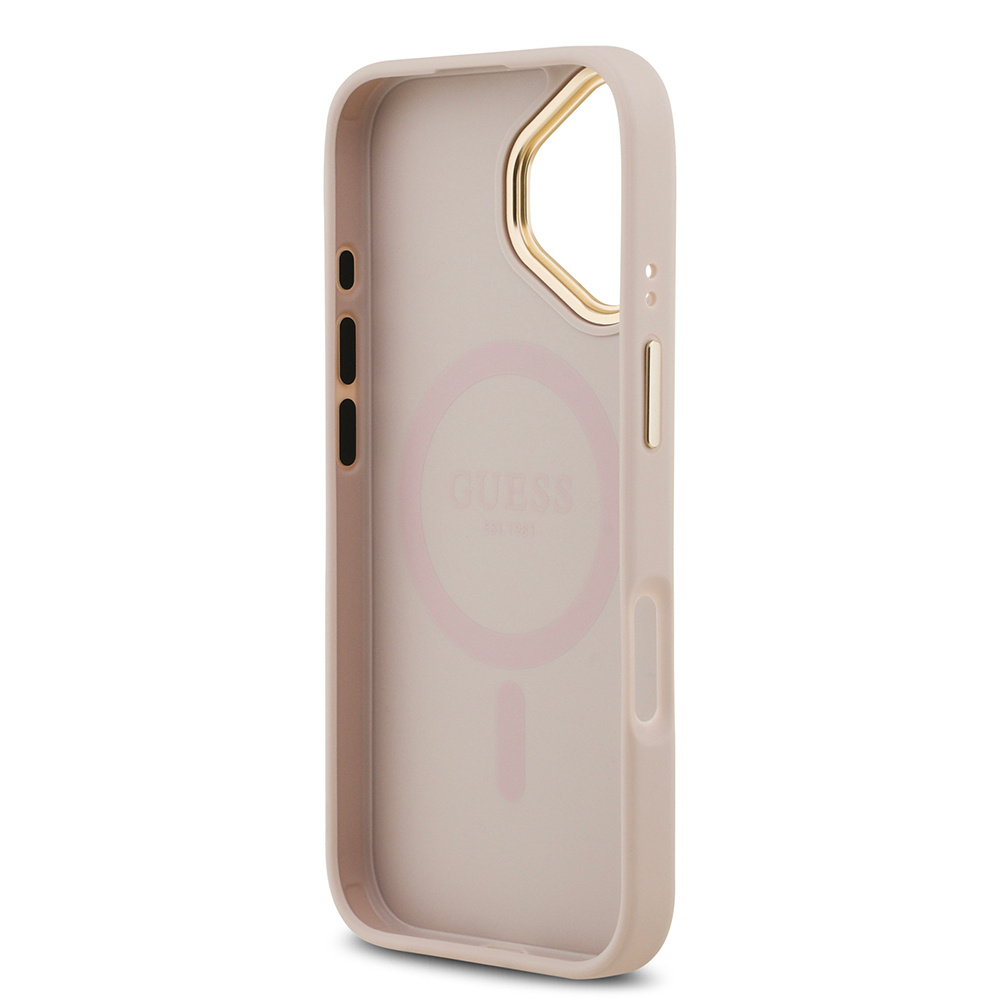 Apple iPhone 17 Kılıf Guess Orjinal Lisanslı M-safe Şarj Özellikli Gold Metal Kamera Çerçeveli PU Deri 4G Desenli Yazı Logolu Kapak - 32
