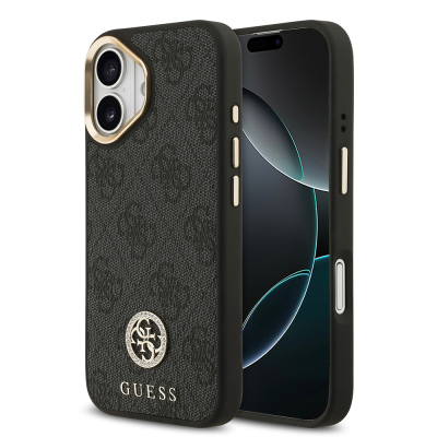 Apple iPhone 17 Kılıf Guess Orjinal Lisanslı M-safe Şarj Özellikli Gold Metal Kamera Çerçeveli Taşlı 4G Logolu Kapak Siyah