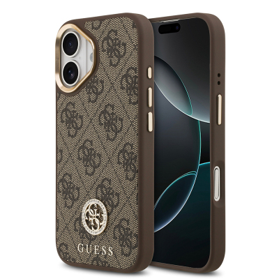 Apple iPhone 17 Kılıf Guess Orjinal Lisanslı M-safe Şarj Özellikli Gold Metal Kamera Çerçeveli Taşlı 4G Logolu Kapak Kahverengi