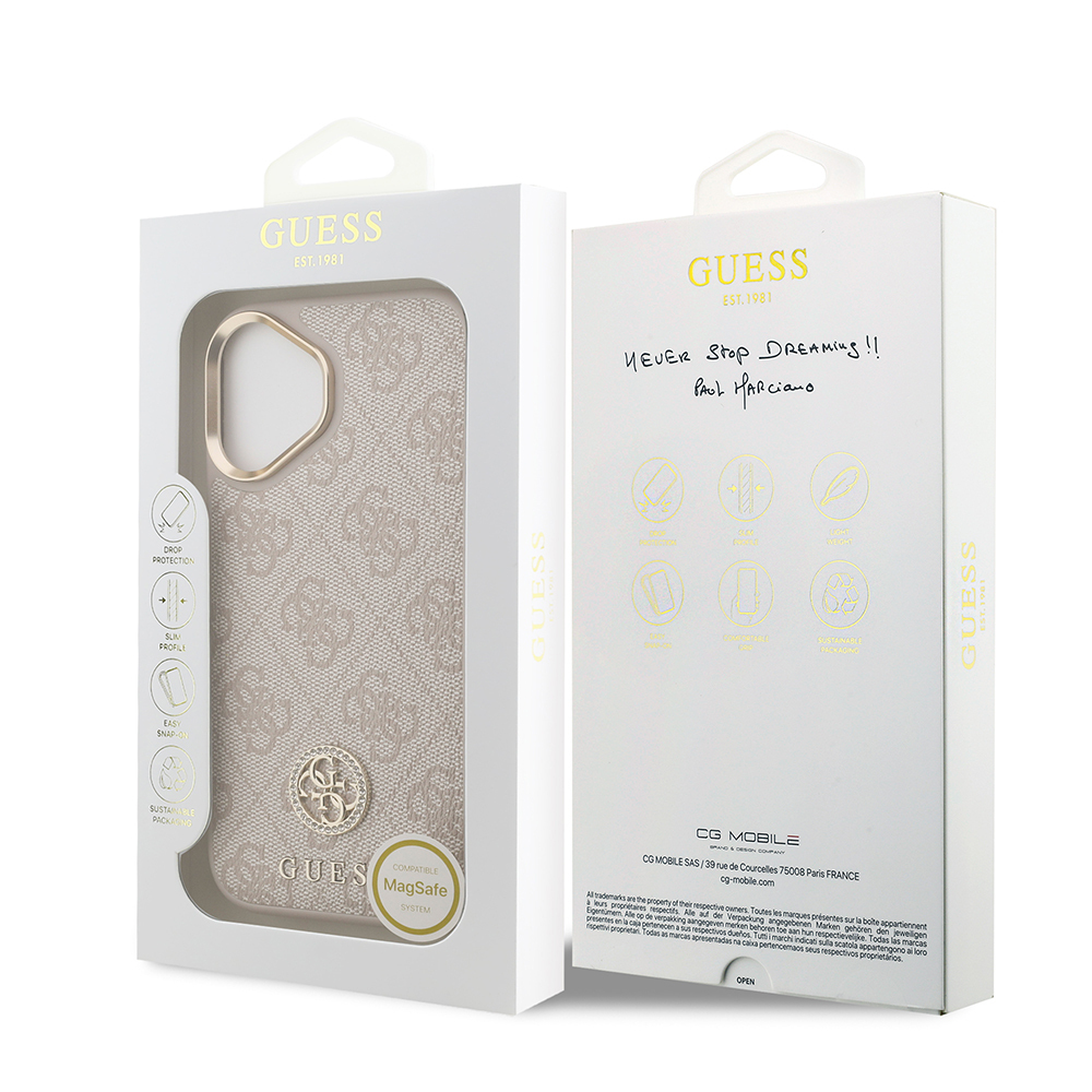 Apple iPhone 17 Kılıf Guess Orjinal Lisanslı M-safe Şarj Özellikli Gold Metal Kamera Çerçeveli Taşlı 4G Logolu Kapak - 25