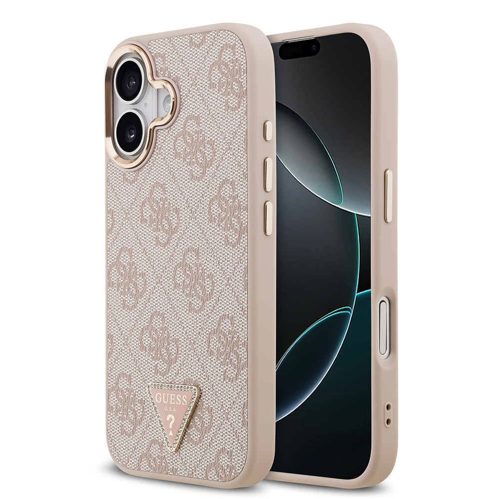 Apple iPhone 17 Kılıf Guess Orjinal Lisanslı M-safe Şarj Özellikli Gold Metal Kamera Çerçeveli Taşlı Üçgen Logo 4G Desenli Kapak - 4