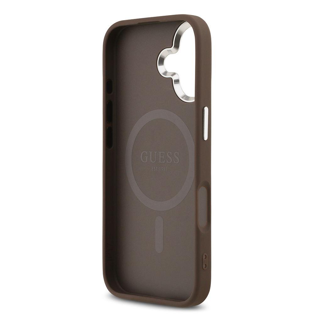 Apple iPhone 17 Kılıf Guess Orjinal Lisanslı M-safe Şarj Özellikli Gümüş Metal Kamera Çerçeveli Üçgen Logo 4G Desenli Kapak - 9