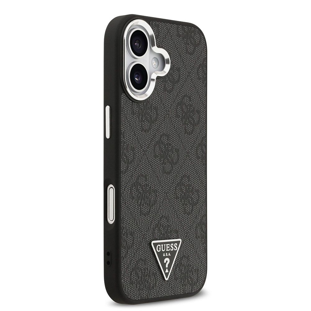 Apple iPhone 17 Kılıf Guess Orjinal Lisanslı M-safe Şarj Özellikli Gümüş Metal Kamera Çerçeveli Üçgen Logo 4G Desenli Kapak - 12