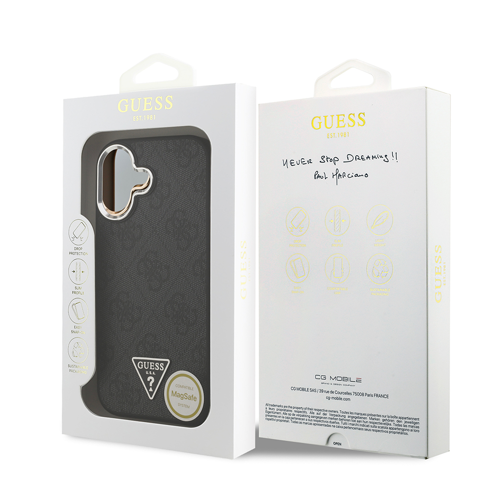 Apple iPhone 17 Kılıf Guess Orjinal Lisanslı M-safe Şarj Özellikli Gümüş Metal Kamera Çerçeveli Üçgen Logo 4G Desenli Kapak - 17