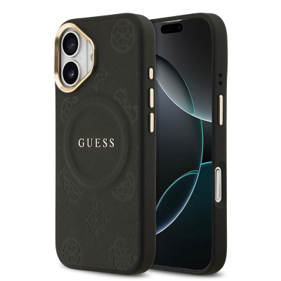 Apple iPhone 17 Kılıf Guess Orjinal Lisanslı M-safe Şarj Özellikli Sıcak Baskılı Yazı Logolu PU Deri Peony Kapak Siyah