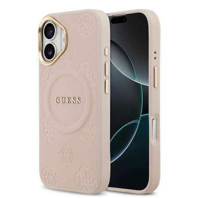 Apple iPhone 17 Kılıf Guess Orjinal Lisanslı M-safe Şarj Özellikli Sıcak Baskılı Yazı Logolu PU Deri Peony Kapak Pembe