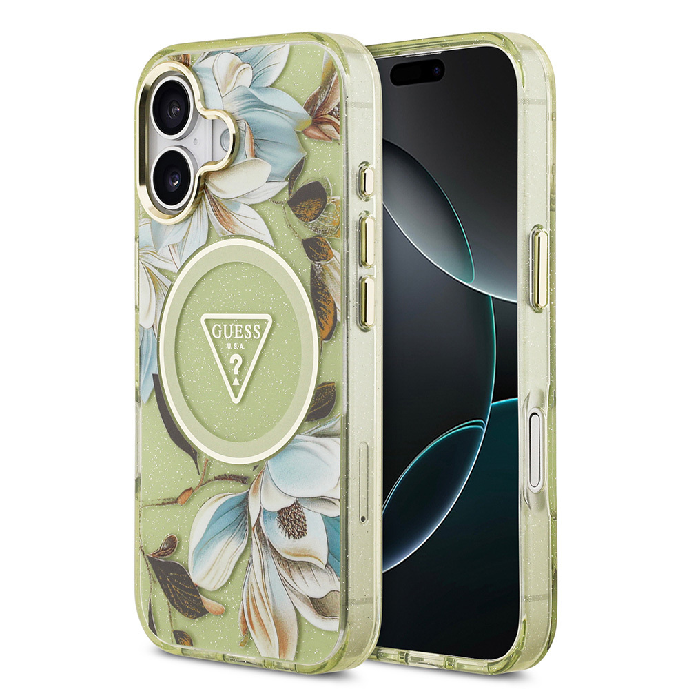 Apple iPhone 17 Kılıf Guess Orjinal Lisanslı M-safe Şarj Özellikli Simli Çiçek Desenli Metal Kamera Çerçeveli Üçgen Logolu Kapak - 3