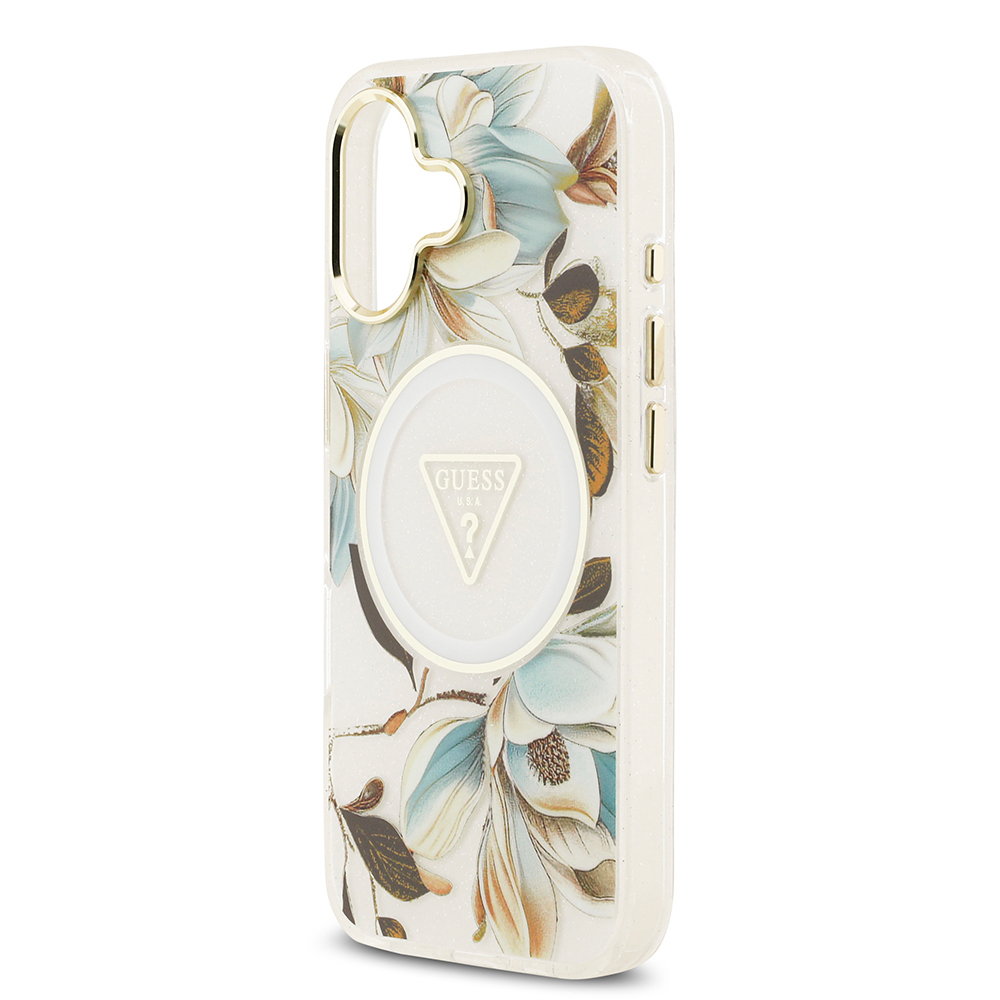 Apple iPhone 17 Kılıf Guess Orjinal Lisanslı M-safe Şarj Özellikli Simli Çiçek Desenli Metal Kamera Çerçeveli Üçgen Logolu Kapak - 31