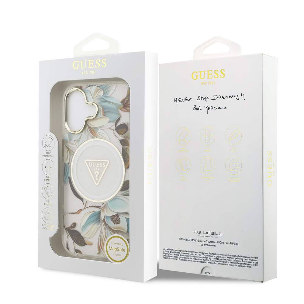 Apple iPhone 17 Kılıf Guess Orjinal Lisanslı M-safe Şarj Özellikli Simli Çiçek Desenli Metal Kamera Çerçeveli Üçgen Logolu Kapak - 33