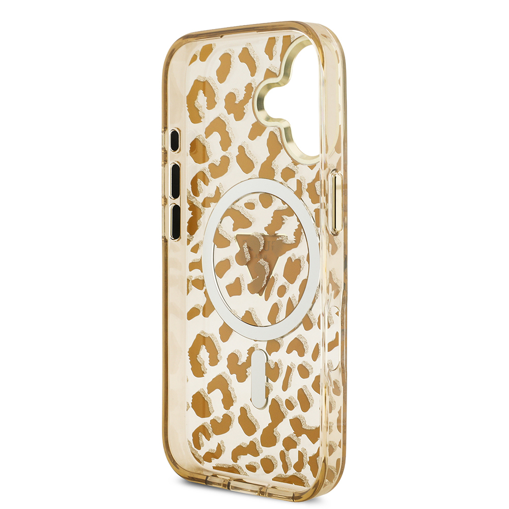 Apple iPhone 17 Kılıf Guess Orjinal Lisanslı M-safe Şarj Özellikli Üçgen Logolu Simli Leopar Desenli Kapak - 16