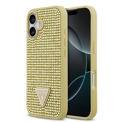 Apple iPhone 17 Kılıf Guess Orjinal Lisanslı Taşlı Arka Yüzey Üçgen Logolu Kapak Gold