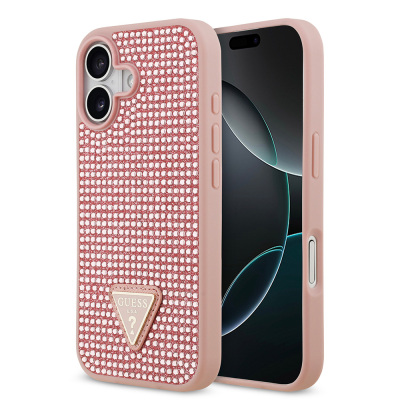 Apple iPhone 17 Kılıf Guess Orjinal Lisanslı Taşlı Arka Yüzey Üçgen Logolu Kapak Pembe