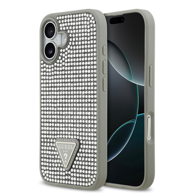 Apple iPhone 17 Kılıf Guess Orjinal Lisanslı Taşlı Arka Yüzey Üçgen Logolu Kapak Gümüş