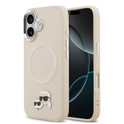 Apple iPhone 17 Kılıf Karl Lagerfeld Orjinal Lisanslı M-safe Şarj Özellikli Metal Kamera ve Buton Tasarımlı K&C PU Deri Kapak Bej