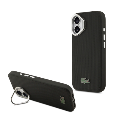 Apple iPhone 17 Kılıf Lacoste Orjinal Lisanslı M-safe Şarj Özellikli PU Pike Desenli Standlı Metal Logolu Kapak Siyah
