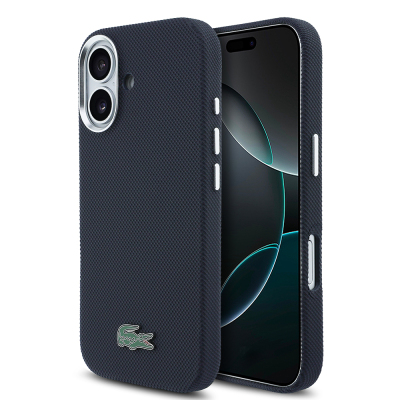 Apple iPhone 17 Kılıf Lacoste Orjinal Lisanslı M-Safe Şarj Özellikli PVC Pike Desenli Arka Yüzey İkonik Timsah Dokuma Logolu Kapak Lacivert