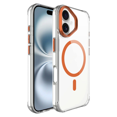 Apple iPhone 17 Kılıf M-safe Şarj Özellikli Airbagli Kamera Standlı Zore Azor Kapak Turuncu