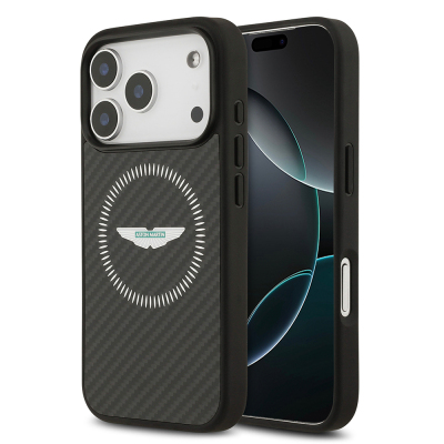 Apple iPhone 17 Pro Case Aston Martin Original Licensed Carbon Fiber Kevlar Cover M-Safe Charging Feature Black