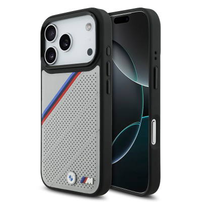 Apple iPhone 17 Pro Case BMW Original Licensed M-Safe Charging Feature M Logo Three Stripe Perforated Leather Cover Grey