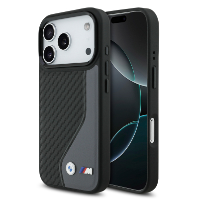 Apple iPhone 17 Pro Case BMW Original Licensed M-Safe Charging Feature Metal BMW and M Logo PU Carbon Design Cover Black