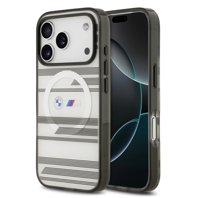 Apple iPhone 17 Pro Case BMW Original Licensed M-Safe Charging Feature Metal Camera Button Horizontal Stripe M Design Cover Silver