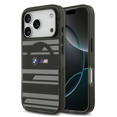 Apple iPhone 17 Pro Case BMW Original Licensed M-Safe Charging Feature Metal Camera Button Horizontal Stripe M Design Cover Black