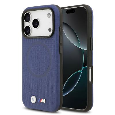 Apple iPhone 17 Pro Case BMW Original Licensed M-Safe Charging Feature Metal Logo Perforated M Design Leather Cover Navy blue