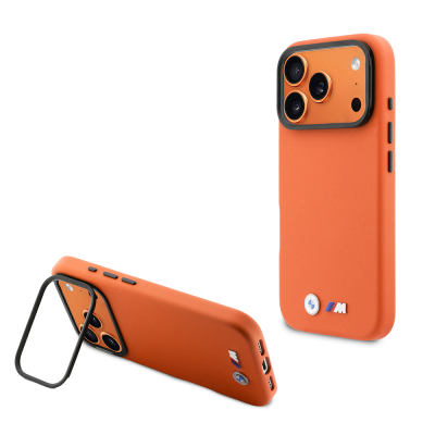 Apple iPhone 17 Pro Case BMW Original Licensed M-safe Charging Feature Stand Metal Camera Frame M Logo PU Leather Cover Orange