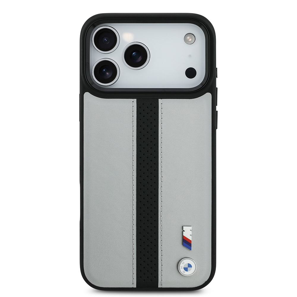 Apple iPhone 17 Pro Case BMW Original Licensed M-safe Charging Featured Leather Back Surface Metal Logo Perforated Strip Design Cover - 4