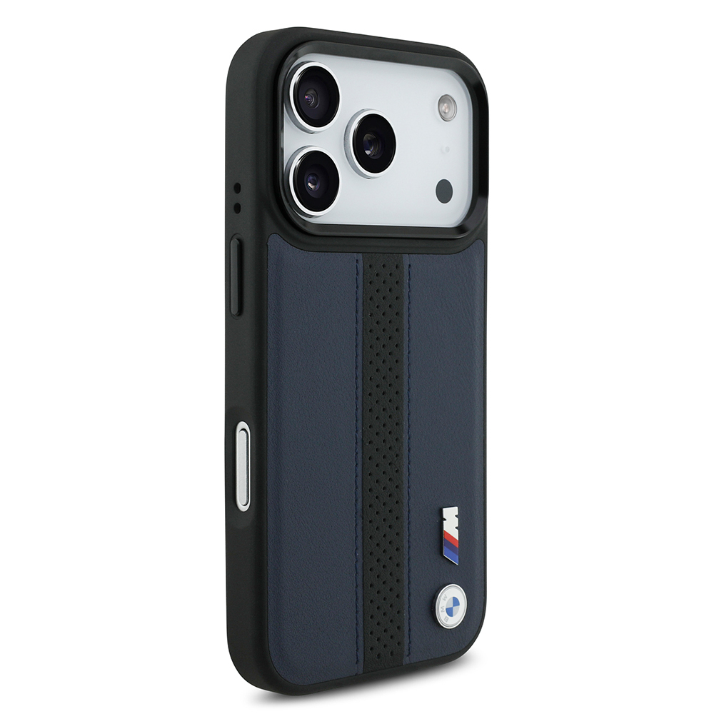 Apple iPhone 17 Pro Case BMW Original Licensed M-safe Charging Featured Leather Back Surface Metal Logo Perforated Strip Design Cover - 13