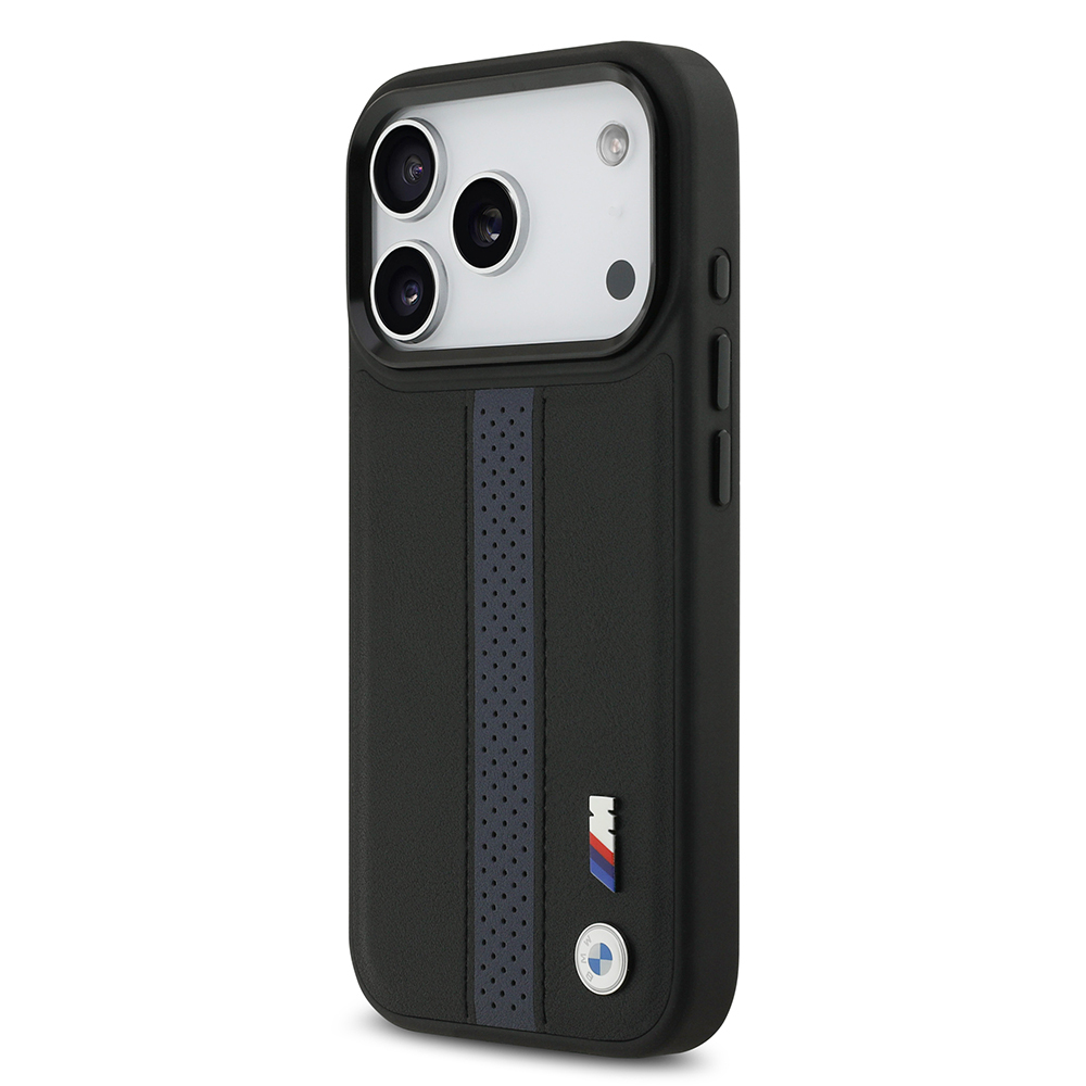 Apple iPhone 17 Pro Case BMW Original Licensed M-safe Charging Featured Leather Back Surface Metal Logo Perforated Strip Design Cover - 17