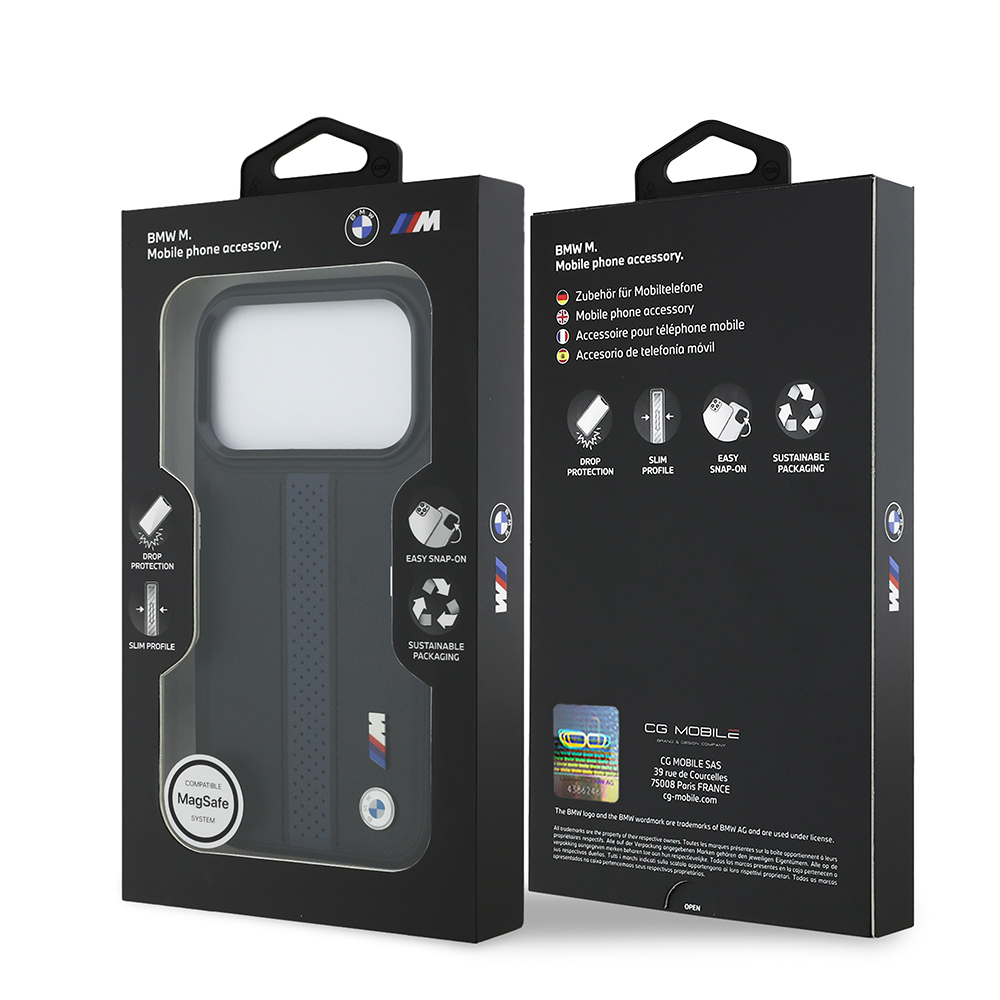 Apple iPhone 17 Pro Case BMW Original Licensed M-safe Charging Featured Leather Back Surface Metal Logo Perforated Strip Design Cover - 25