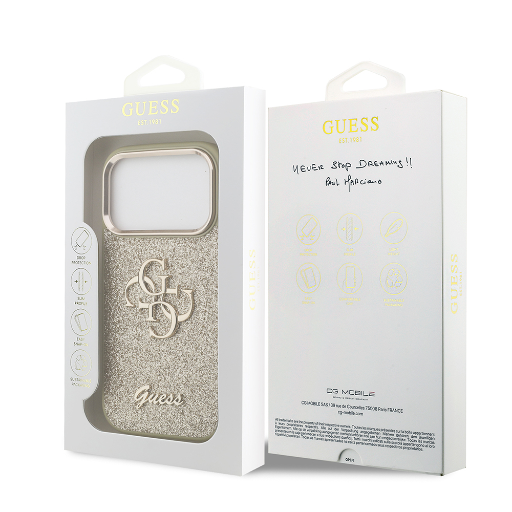 Apple iPhone 17 Pro Case Guess Original Licensed 4G Large Metal Camera Frame and Logo Glitter Cover - 12