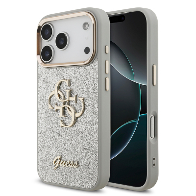 Apple iPhone 17 Pro Case Guess Original Licensed 4G Large Metal Camera Frame and Logo Glitter Cover Grey
