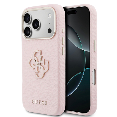 Apple iPhone 17 Pro Case Guess Original Licensed 4G Large Metal Camera Frame PU Leather Resin Cover Pink
