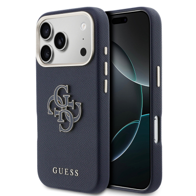 Apple iPhone 17 Pro Case Guess Original Licensed 4G Large Metal Camera Frame PU Leather Resin Cover Blue