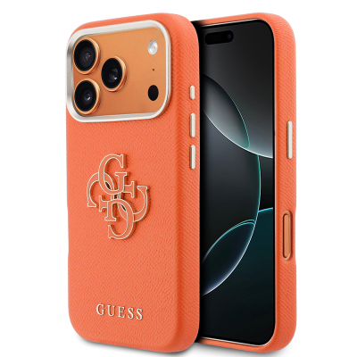 Apple iPhone 17 Pro Case Guess Original Licensed 4G Large Metal Camera Frame PU Leather Resin Cover Orange