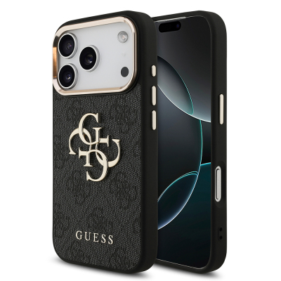 Apple iPhone 17 Pro Case Guess Original Licensed Gold Metal Camera Frame 4G Patterned Metal Big 4G and Text Logo Cover Black