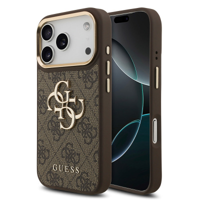 Apple iPhone 17 Pro Case Guess Original Licensed Gold Metal Camera Frame 4G Patterned Metal Big 4G and Text Logo Cover Brown