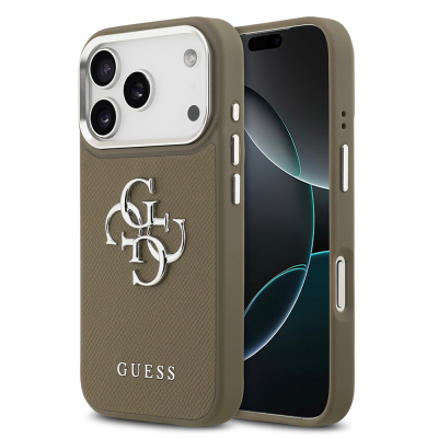 Apple iPhone 17 Pro Case Guess Original Licensed Grained 4G Metal Large Logo Cover Brown