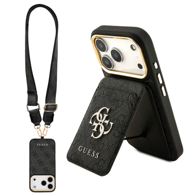 Apple iPhone 17 Pro Case Guess Original Licensed M-safe Charging Case with Strap and 4G Logo Card Holder Black