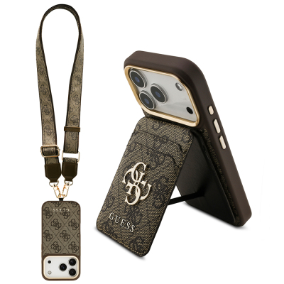 Apple iPhone 17 Pro Case Guess Original Licensed M-safe Charging Case with Strap and 4G Logo Card Holder Brown