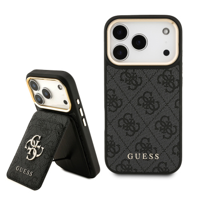 Apple iPhone 17 Pro Case Guess Original Licensed M-safe Charging Feature 4G Metal Large Logo Card Holder Cover Black