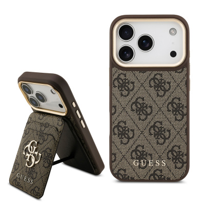 Apple iPhone 17 Pro Case Guess Original Licensed M-safe Charging Feature 4G Metal Large Logo Card Holder Cover Brown
