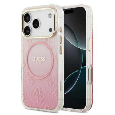 Apple iPhone 17 Pro Case Guess Original Licensed M-safe Charging Feature 4G Patterned Glitter Silicone Cover Pink
