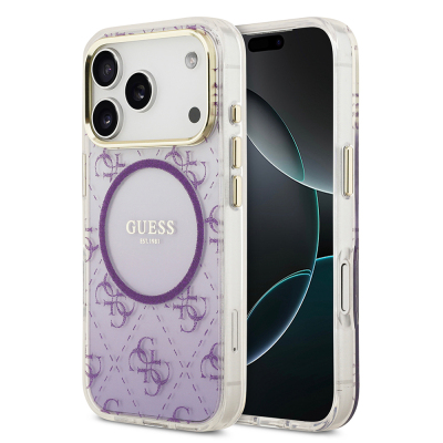 Apple iPhone 17 Pro Case Guess Original Licensed M-safe Charging Feature 4G Patterned Glitter Silicone Cover Purple