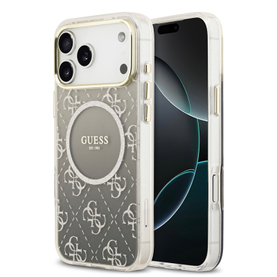 Apple iPhone 17 Pro Case Guess Original Licensed M-safe Charging Feature 4G Patterned Glitter Silicone Cover Grey
