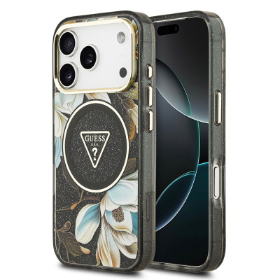 Apple iPhone 17 Pro Case Guess Original Licensed M-safe Charging Feature Glittery Flower Patterned Metal Camera Frame Triangle Logo Cover Black
