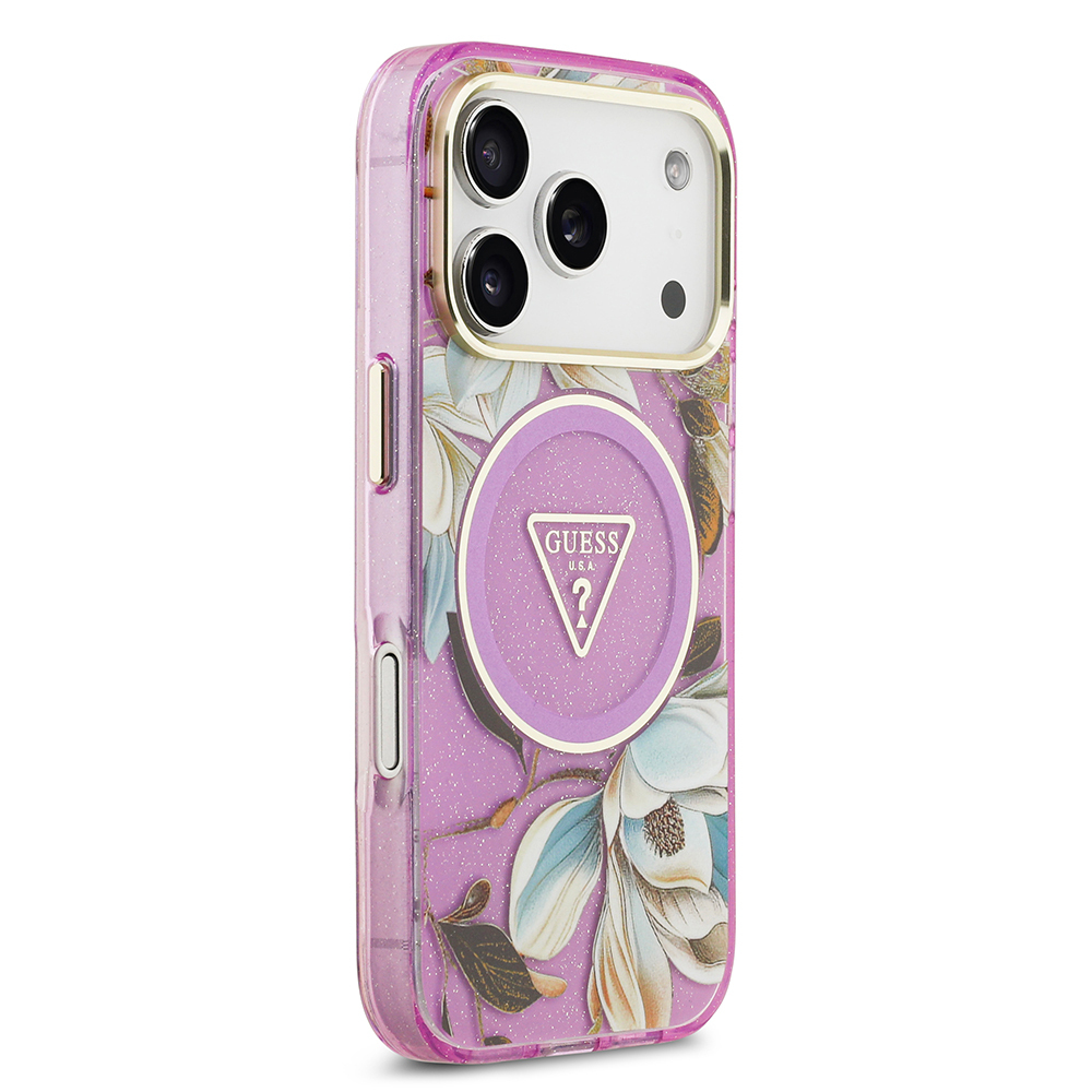 Apple iPhone 17 Pro Case Guess Original Licensed M-safe Charging Feature Glittery Flower Patterned Metal Camera Frame Triangle Logo Cover - 20
